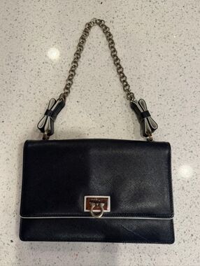 Salvatore Ferragamo Leather Gancini Chain Shoulder Navy Blue Mini Purse Bow